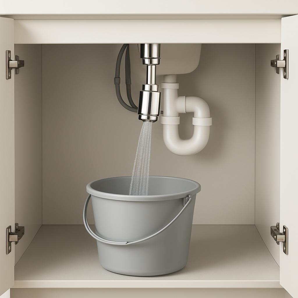 A white bucket under a faucet running water.