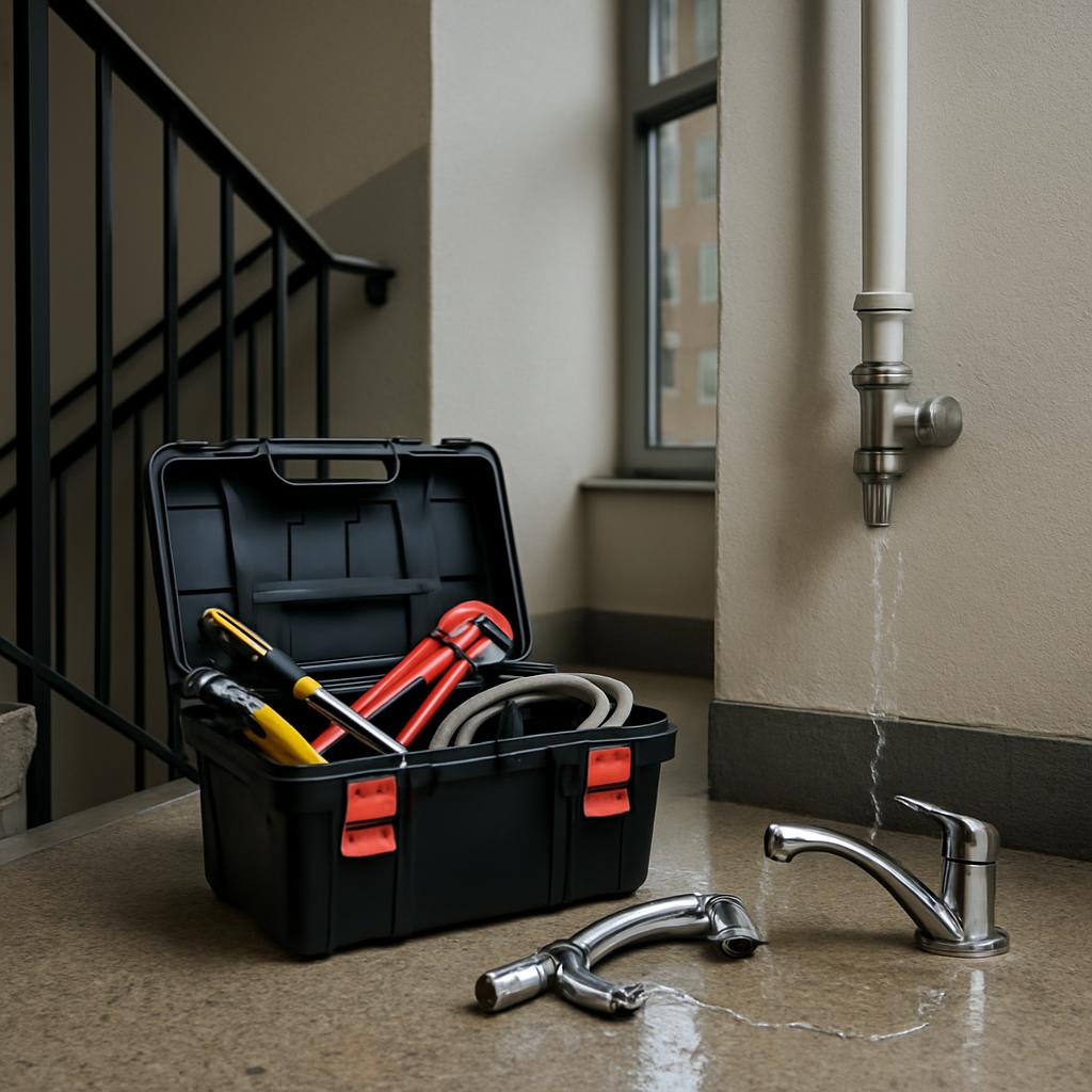 toolbox, arced hose, tools, metal pipes, leaking water, concrete floor, beige wall, black railing, and a window.