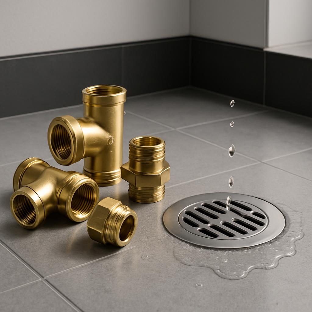 A collection of drainage components is displayed on a gray tile floor, alongside a water puddle around a drainage hole. Th...